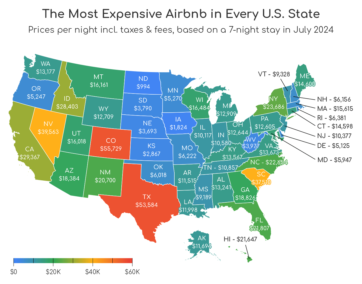 Map of the most expensive Airbnbs in every U.S. State