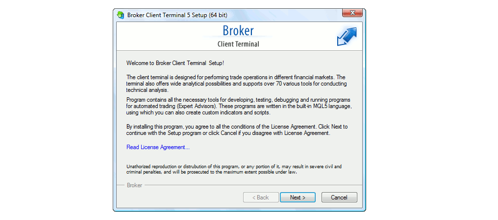 Running the MT5 Setup File - Broker Client Terminal 5 setup (64 bit) first step