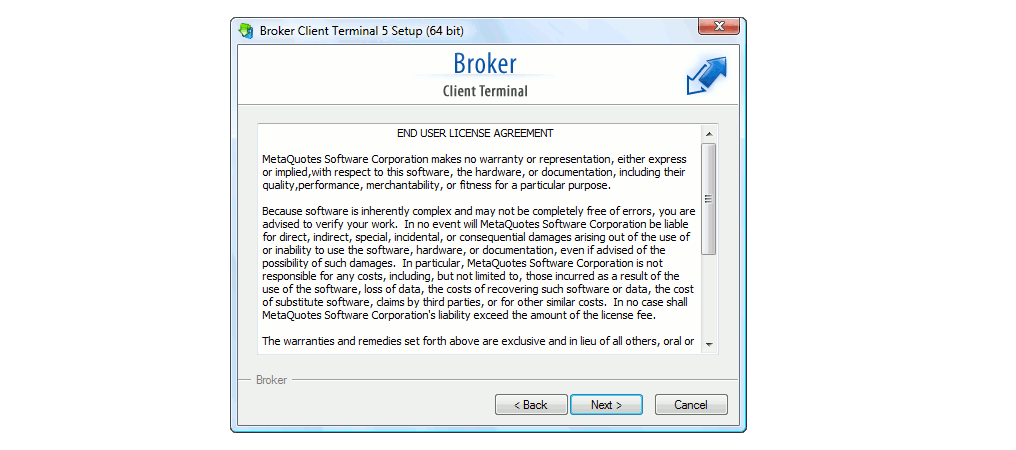 Running the MT5 Setup File - Broker Client Terminal 5 setup (64 bit) second step - end-user license agreement