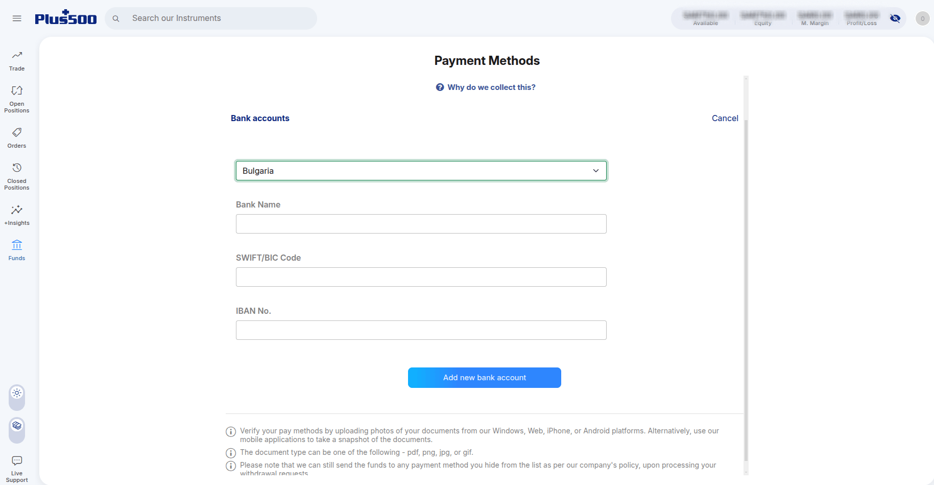 Adding Bank Account at Plus500