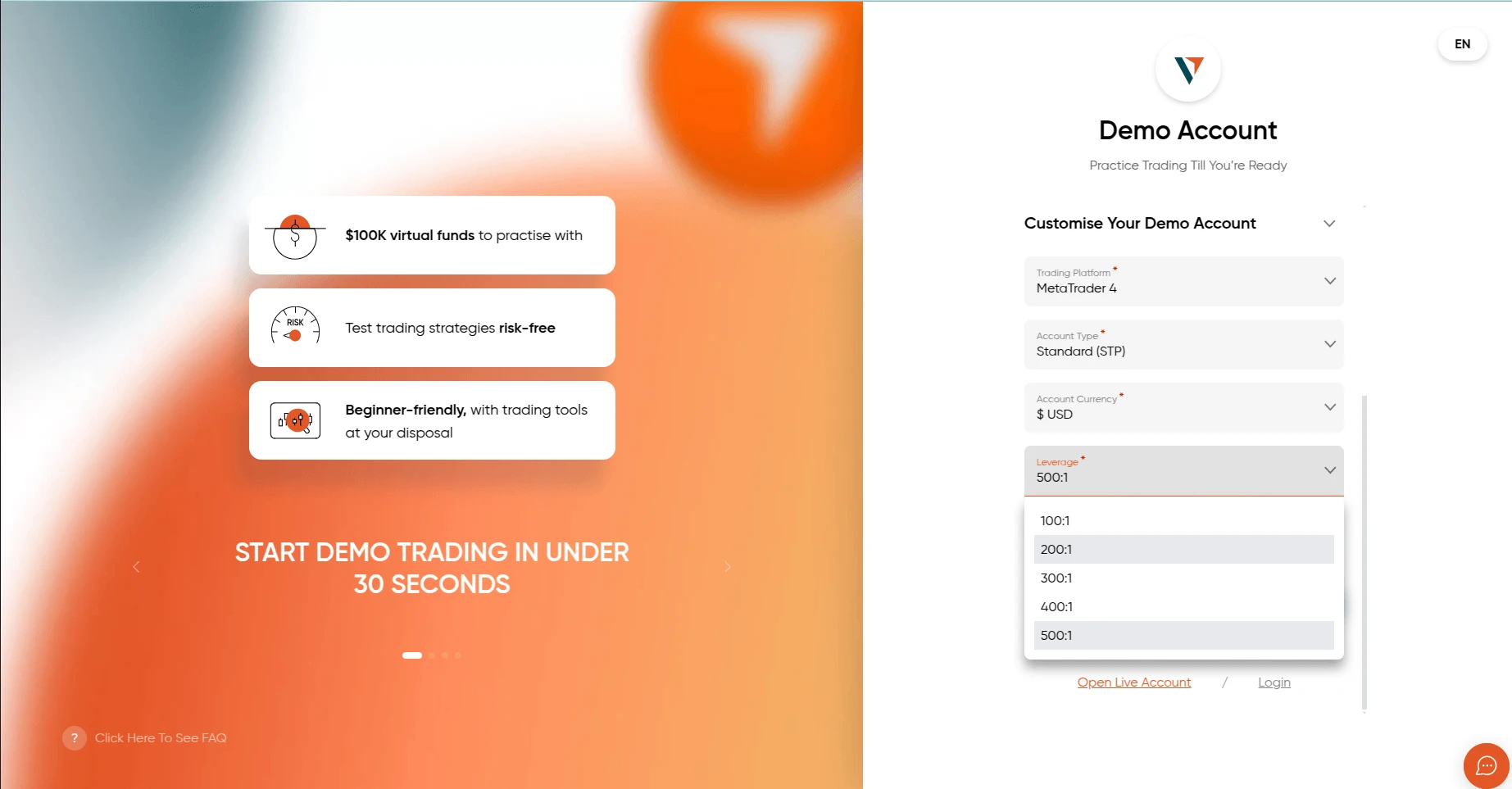 Demo Account opening at Vantage