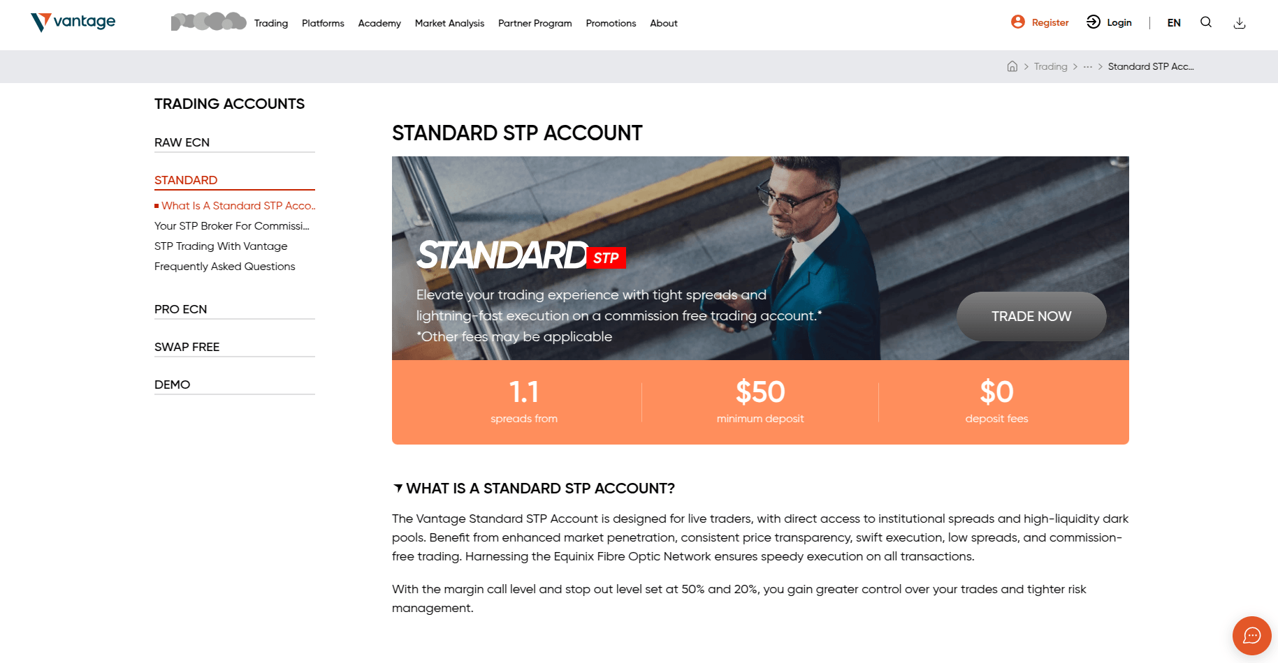 STP accounts at Vantage - screenshot