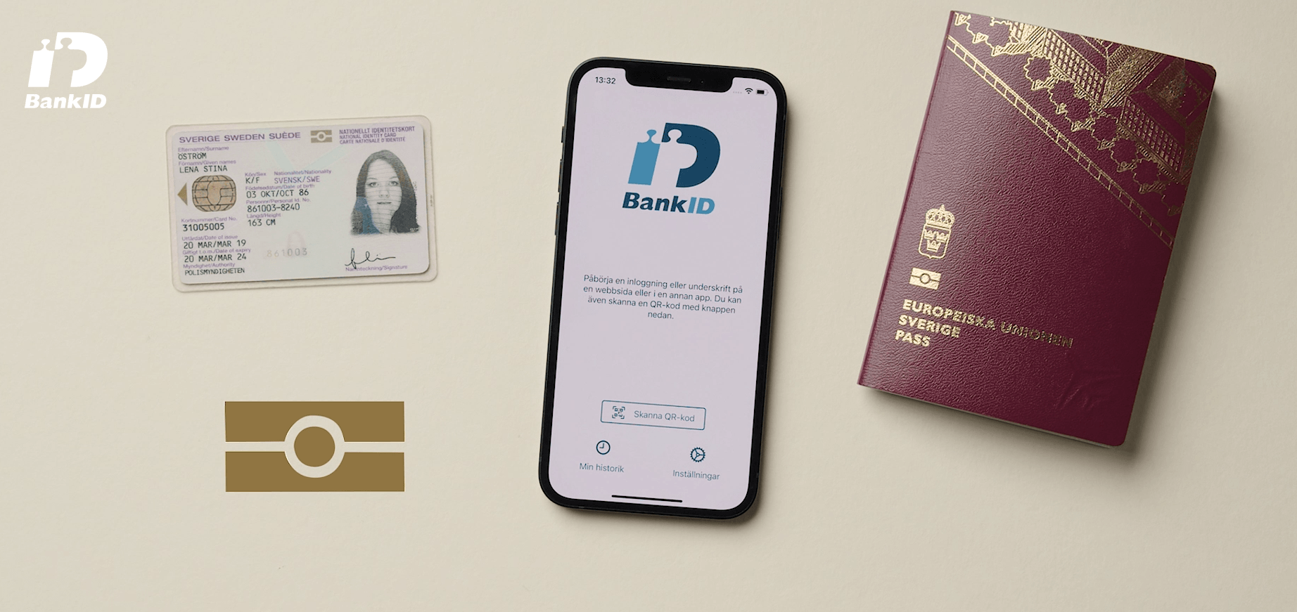 A smartphone showing the Swedish BankID interface next to official identification documents