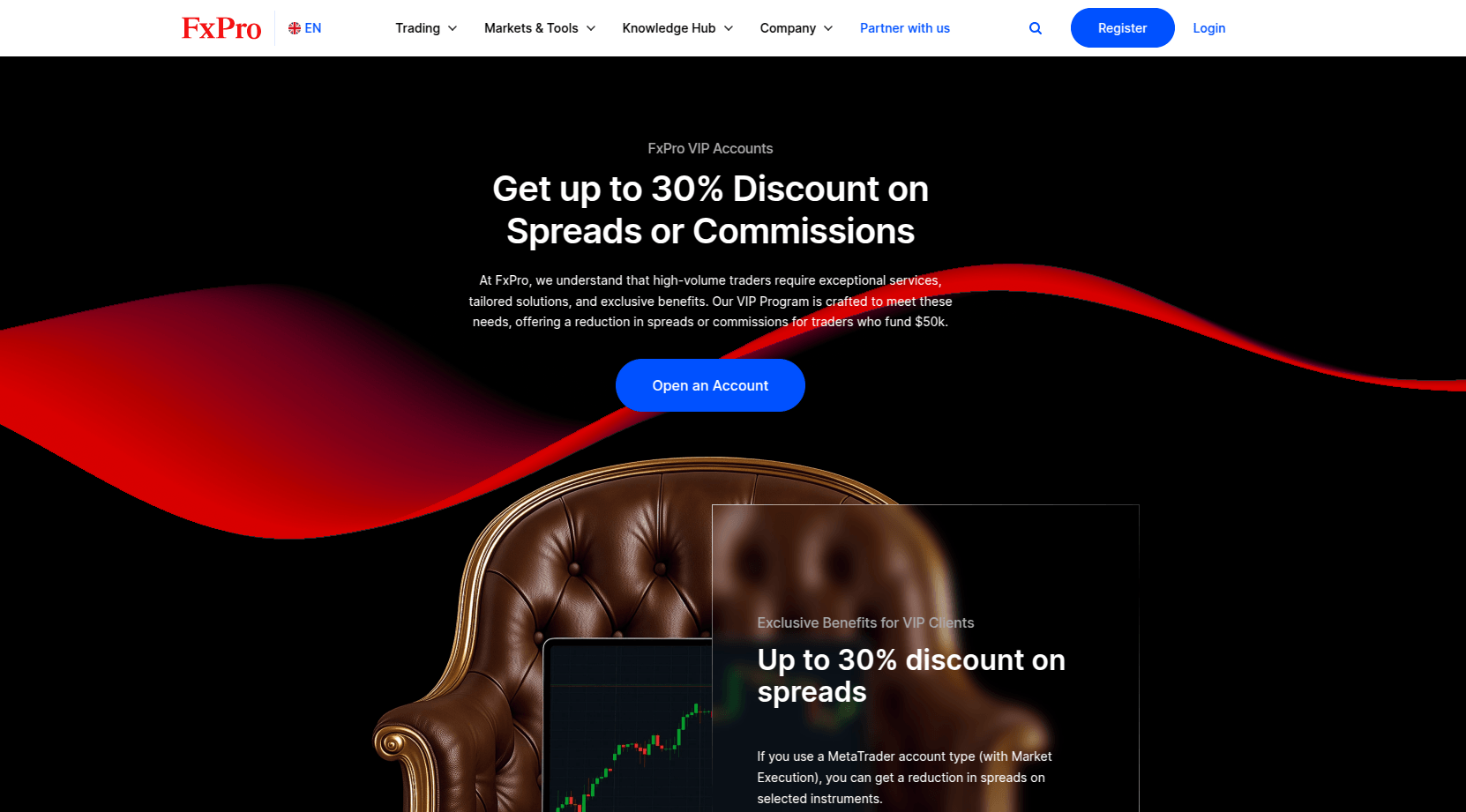 Spread and commission discounts for VIP accounts at FxPro - screenshot