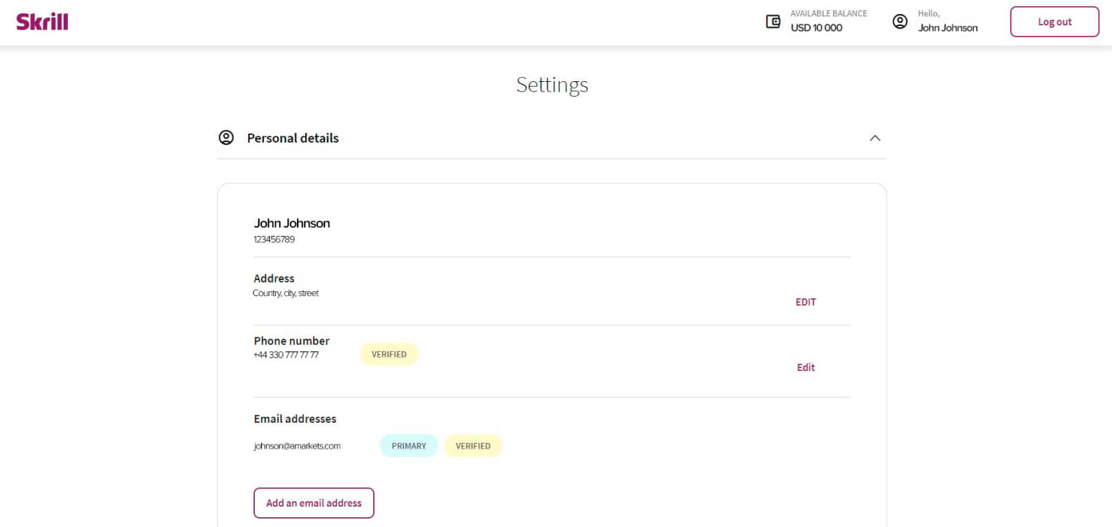 Skrill account dashboard for verification