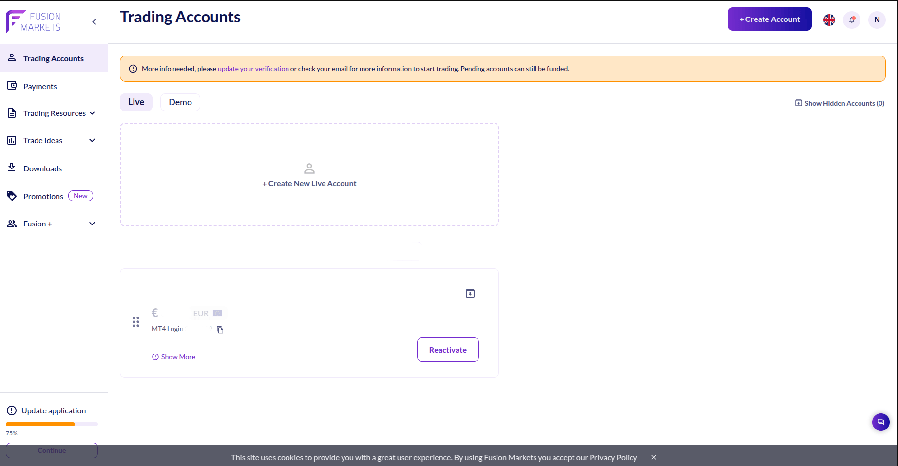 Client portal at broker Fusion Markets screenshot