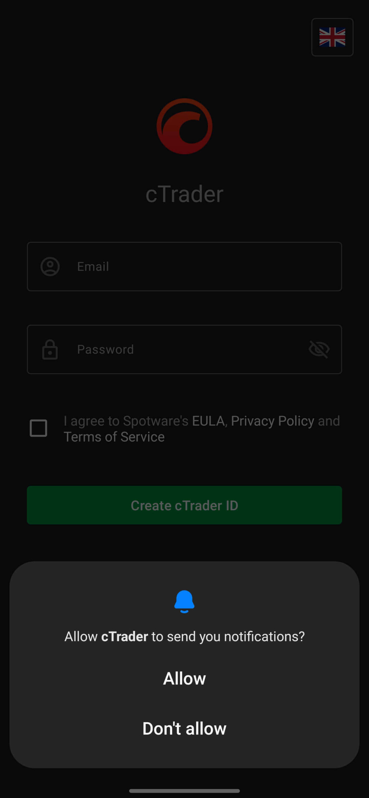 cTrader app notifiaction request screenshot