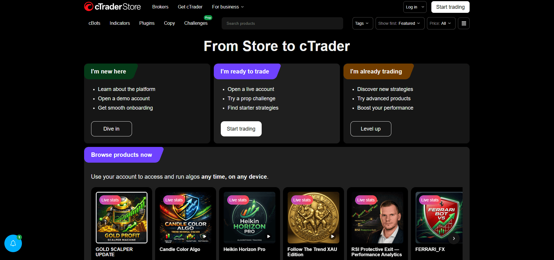 cTrader homepage