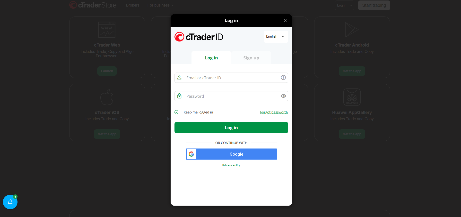 cTrader login page