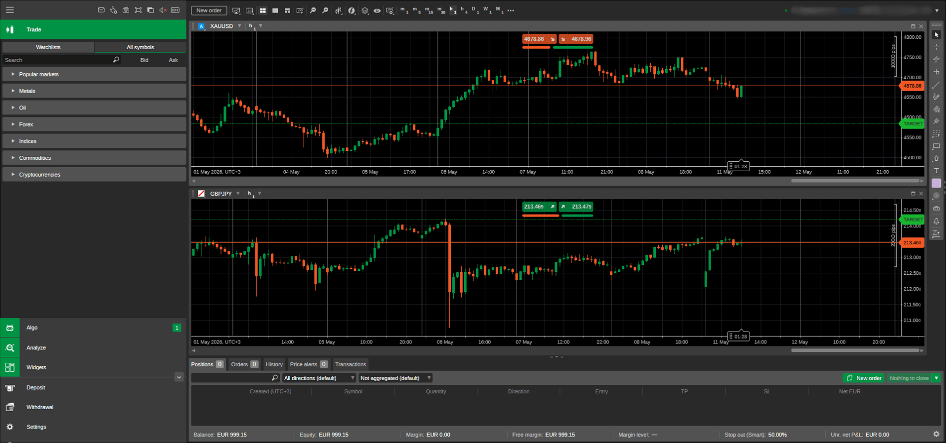 interface of the desktop and web versions of cTrader