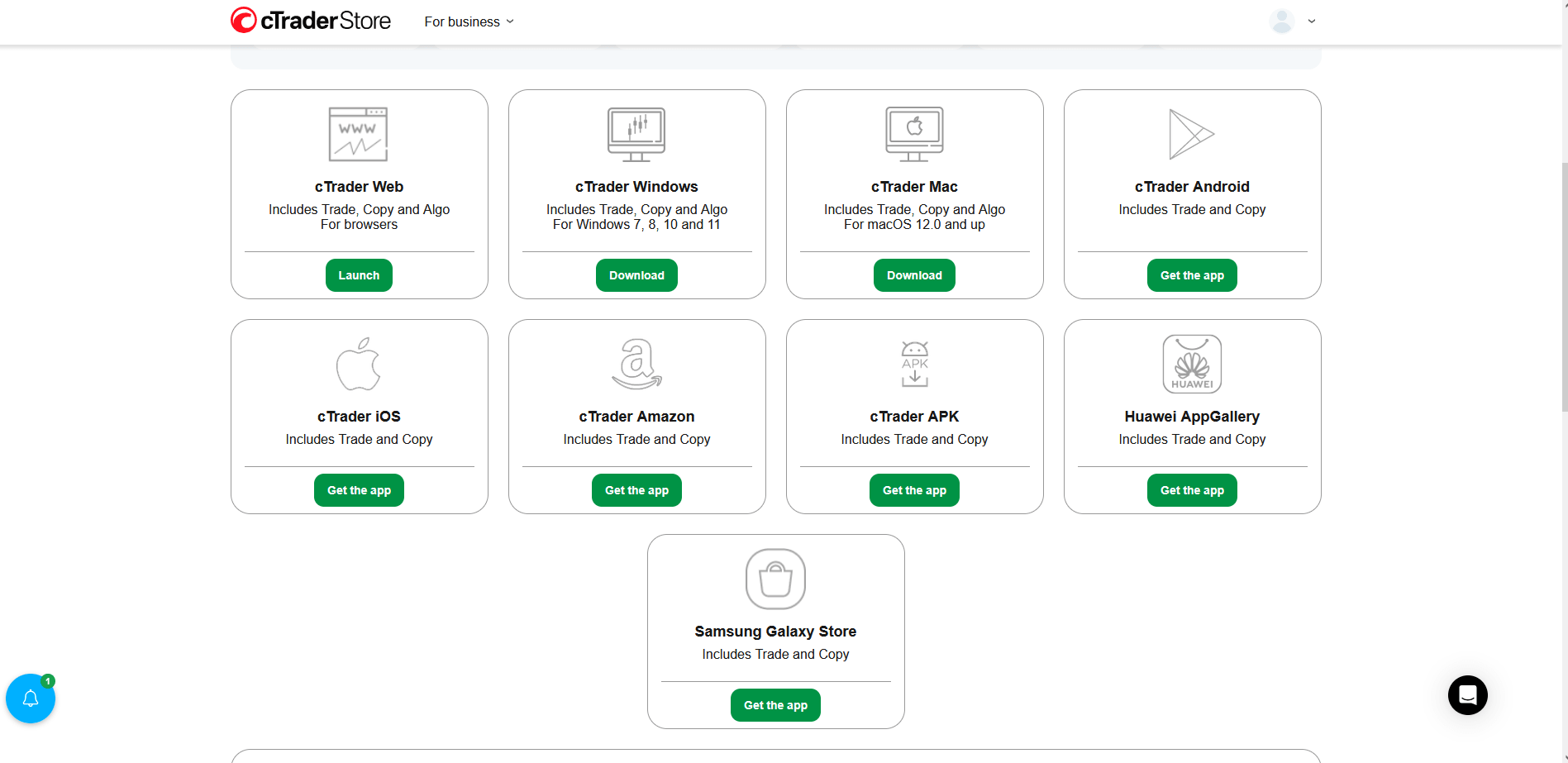 cTrader Store page featuring all platforms - screenshot
