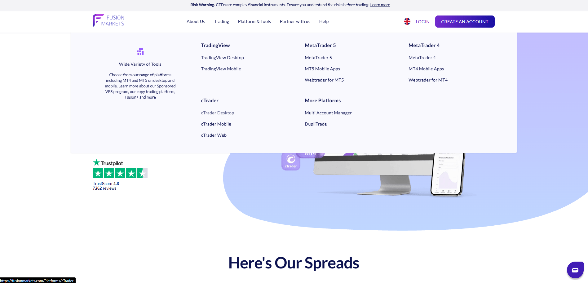 Fusion Markets trading platforms page