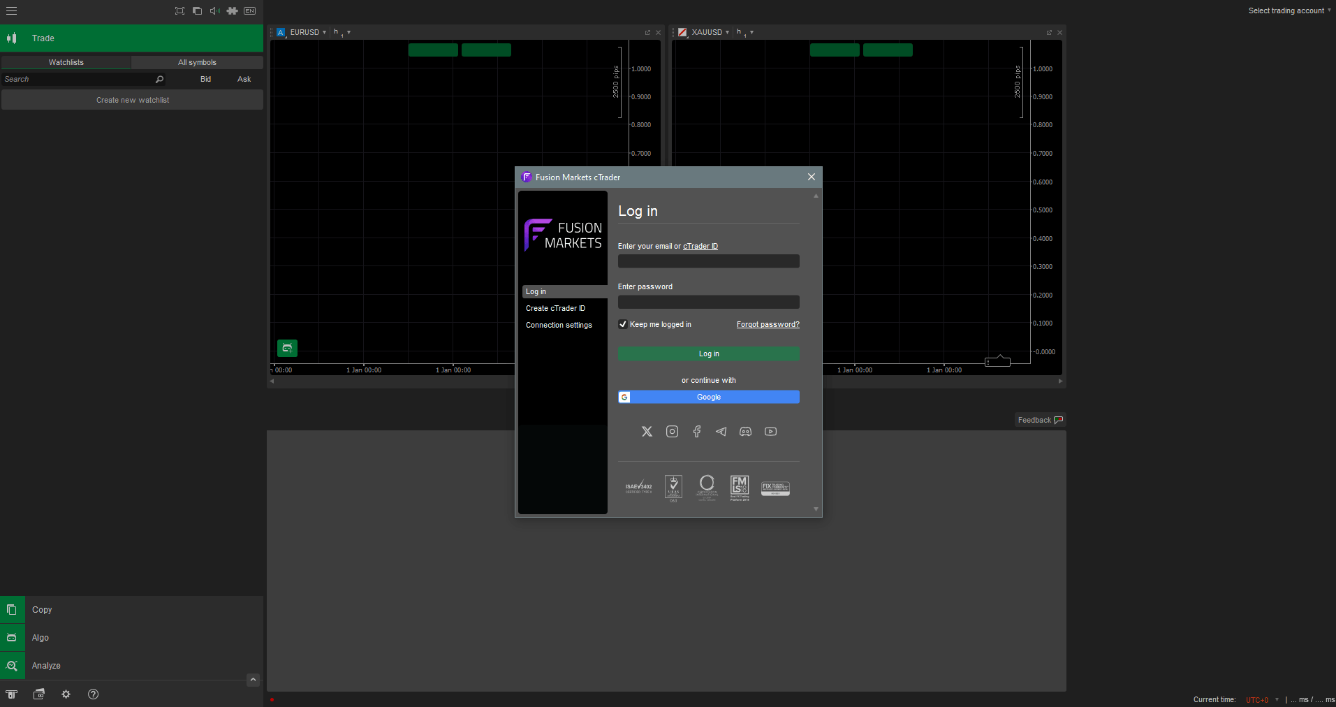 cTrader login window