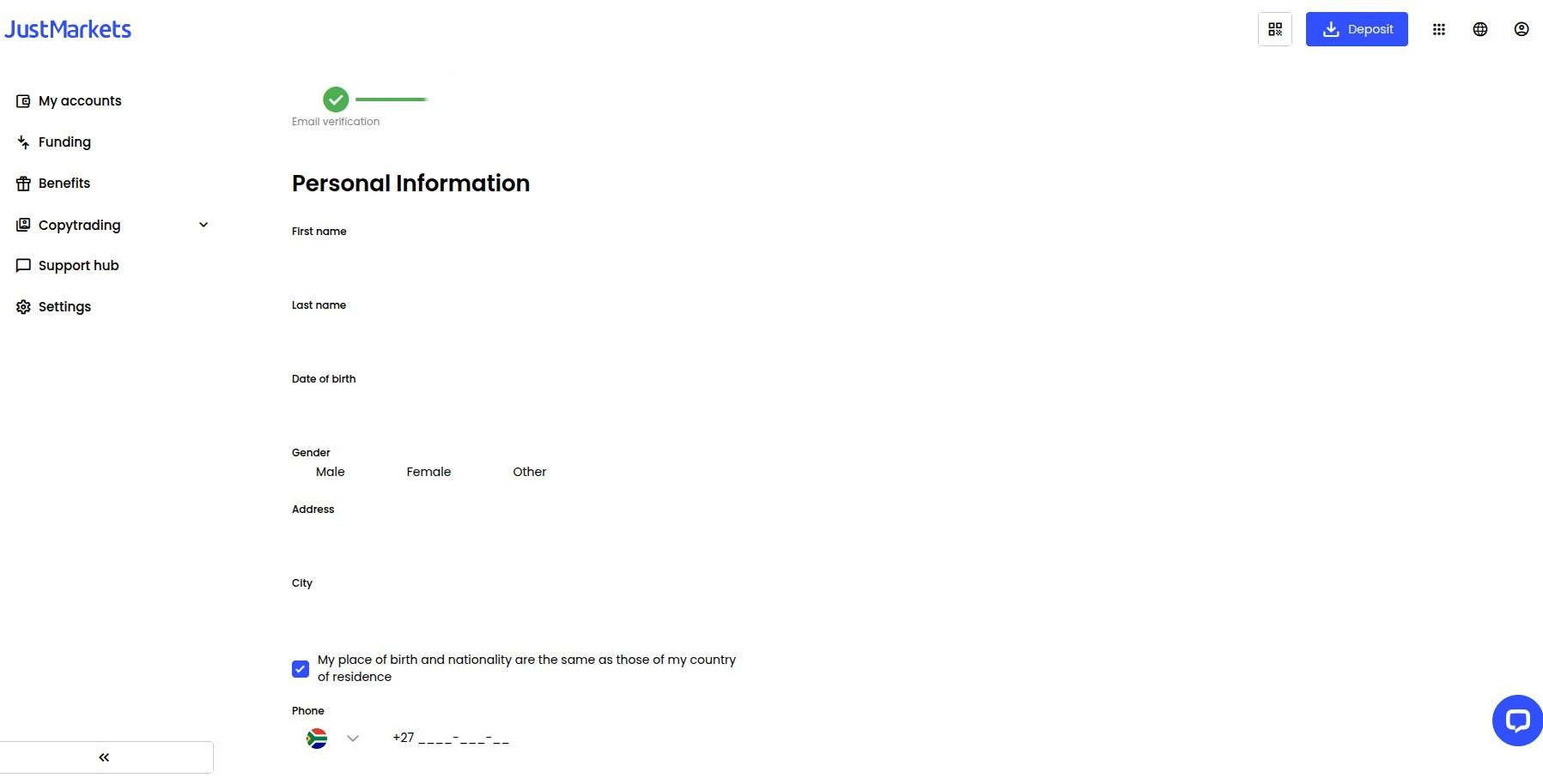 JustMarkets Registration Step 4