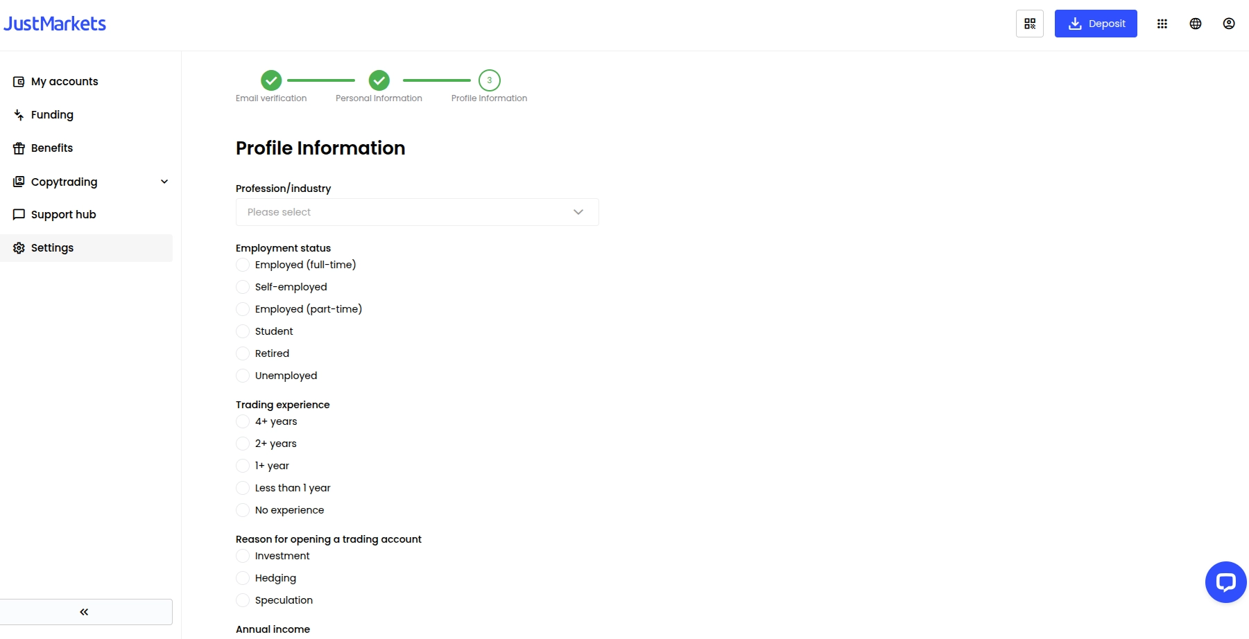 JustMarkets Registration Step 5