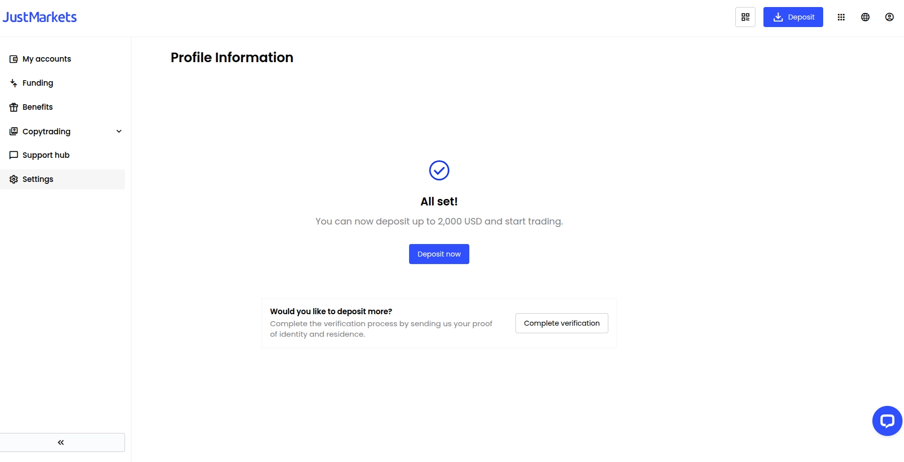 JustMarkets Registration Step 6