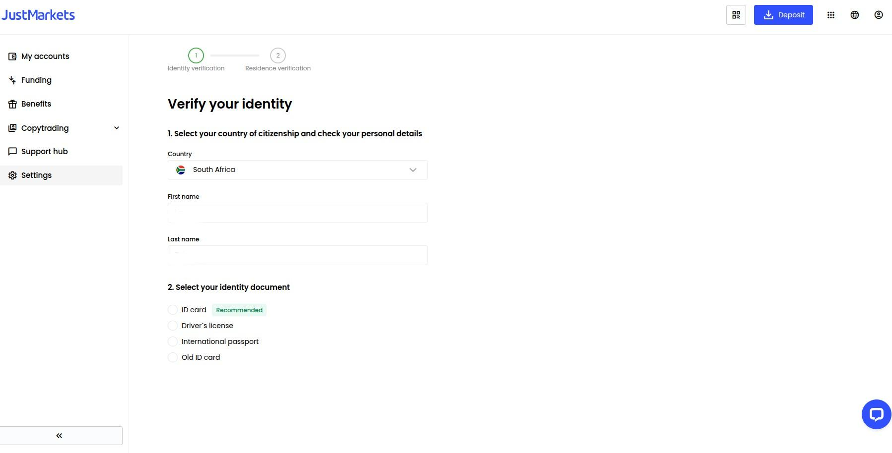 JustMarkets Registration Step 7