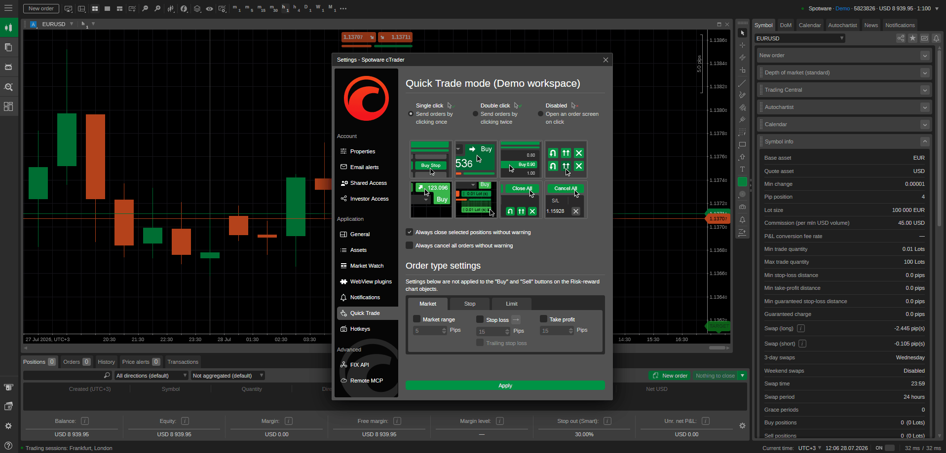 One-click trading screen