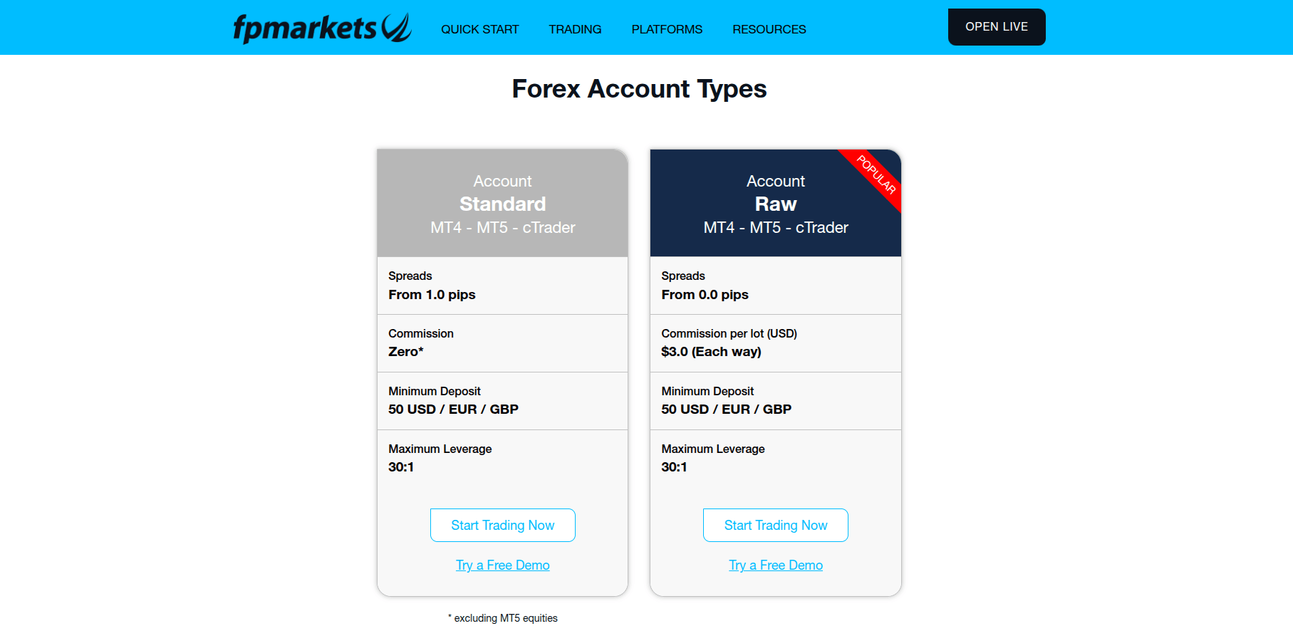 Standard vs Raw accounts at FP Markets - screenshot