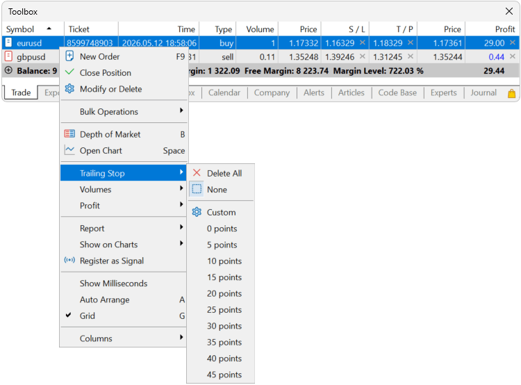 Trailing Stop Menu