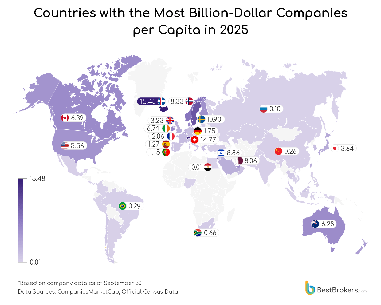 Map of countries with the most billion dolar companies in 2025