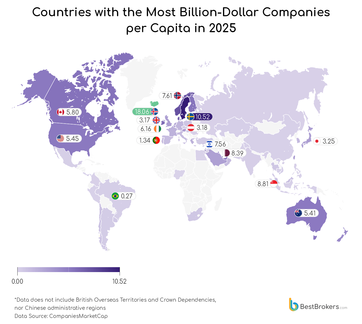 Map of countries with the most billion dolar companies