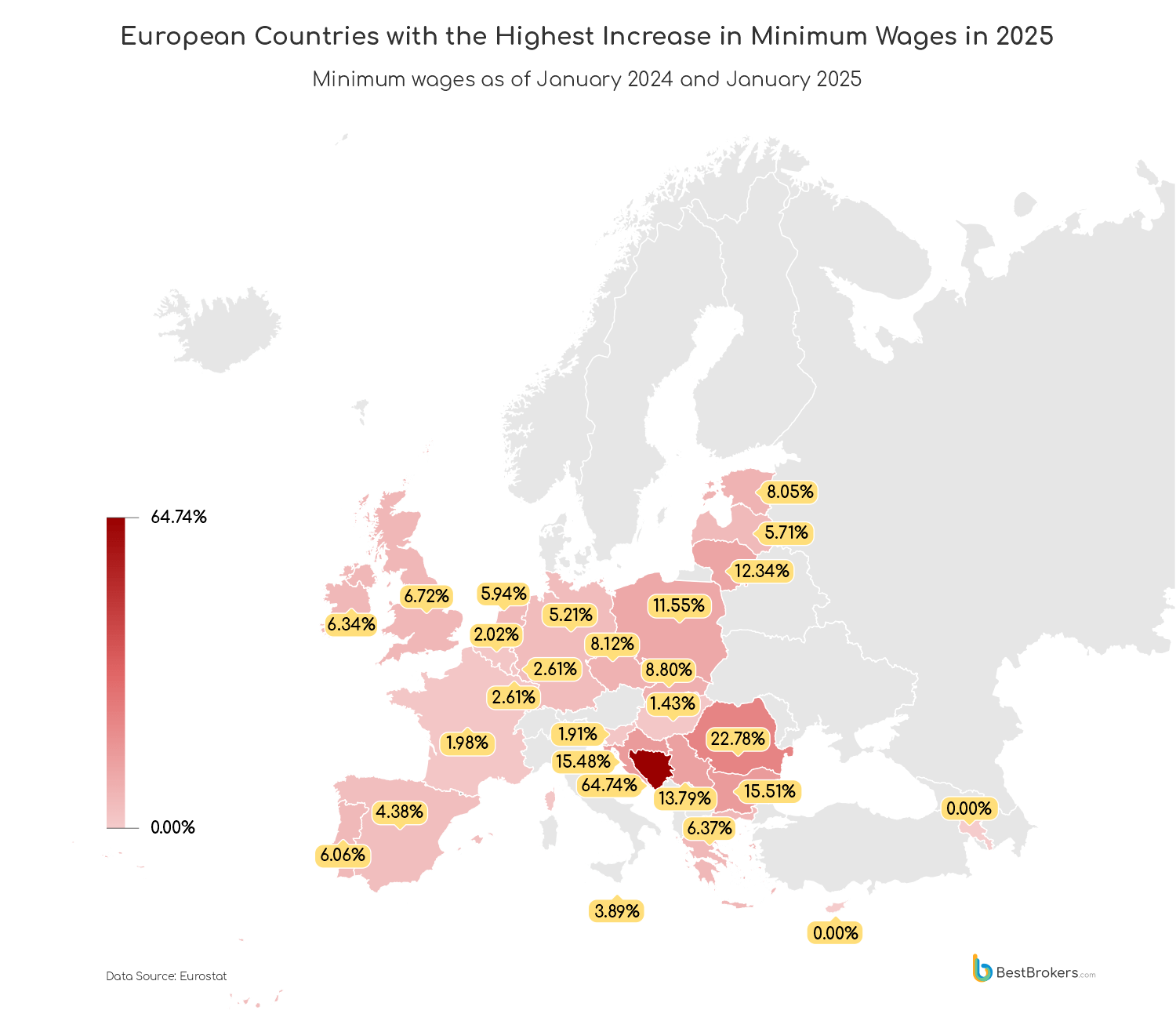 Map of the Countries With the Highest Increase in Minimum Wage for 2025
