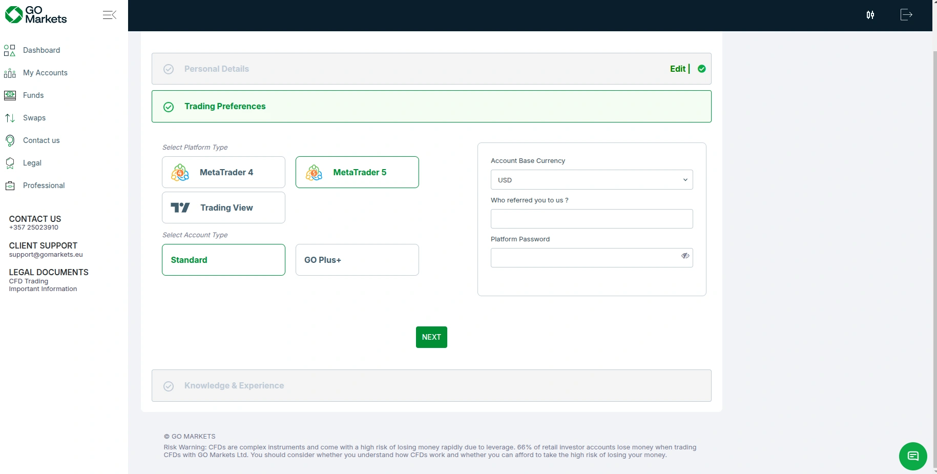 GO Markets Registration Step 4