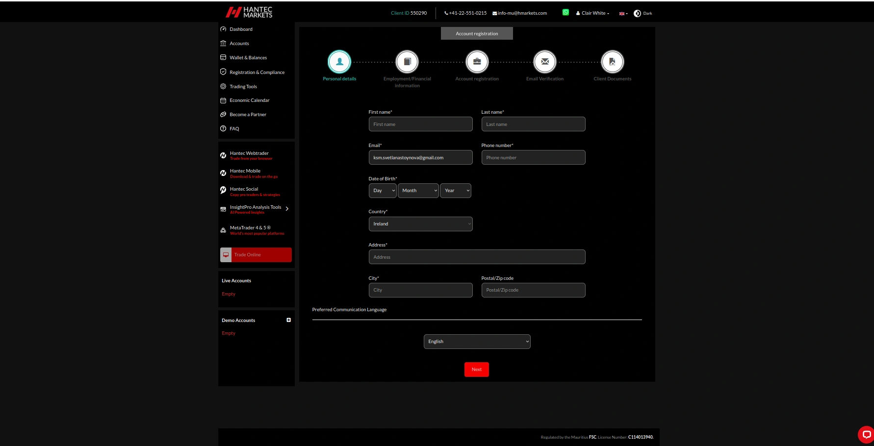 Hantec Markets Registration Step 3