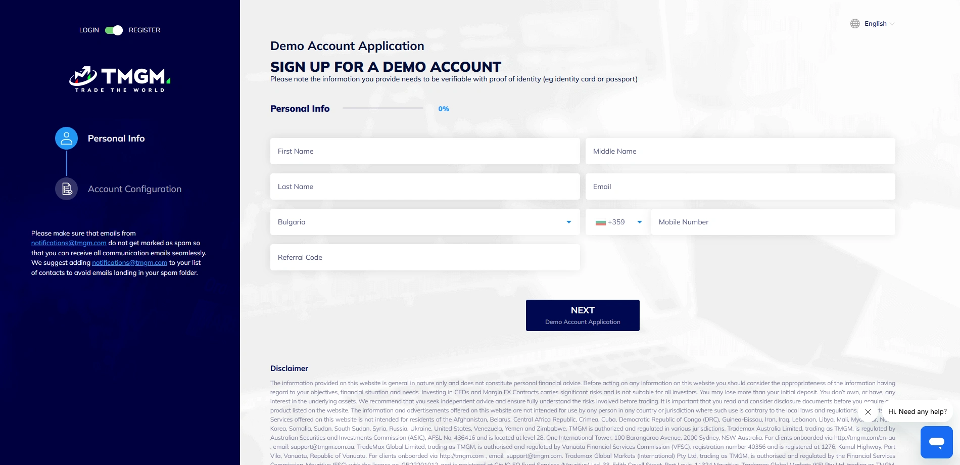 TMGM Demo Account Registration Step 2