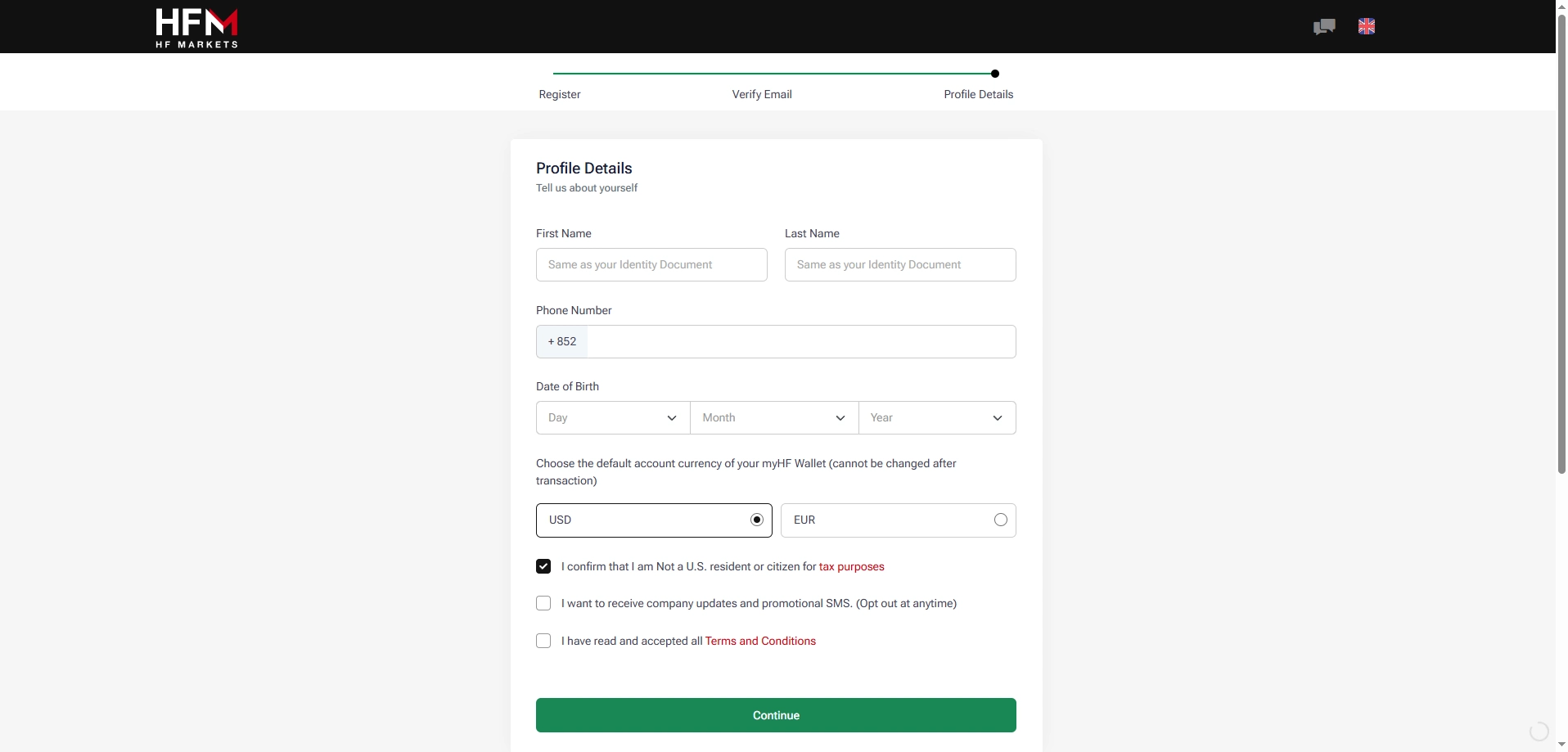 HF Markets Live Accounts Registration Step 4