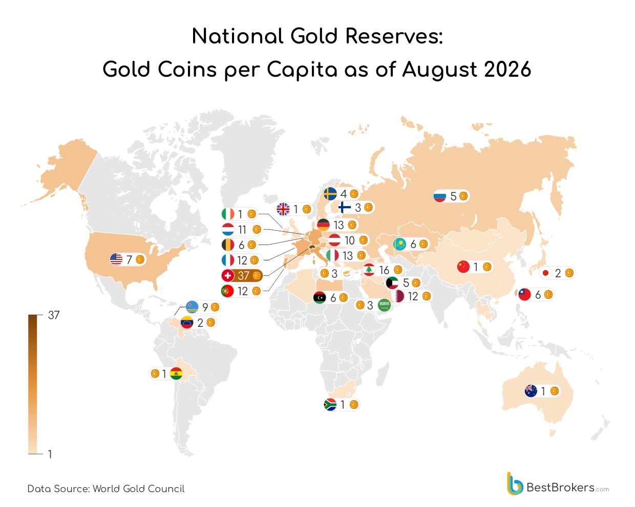 National Gold Reserves Map: Gold Coins per Capita as of August 2026