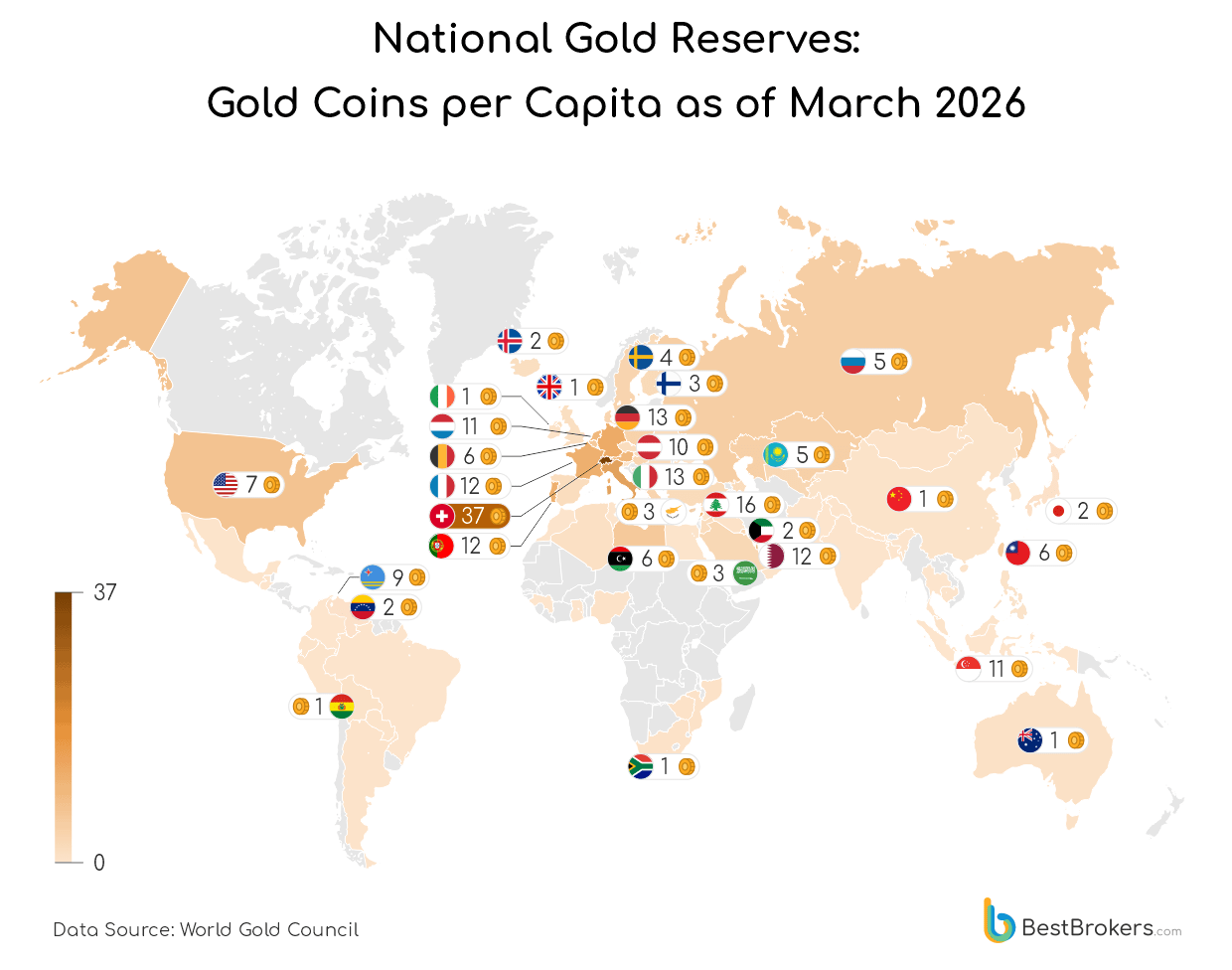 National Gold Reserves Map: Gold Coins per CApita as of March 2026