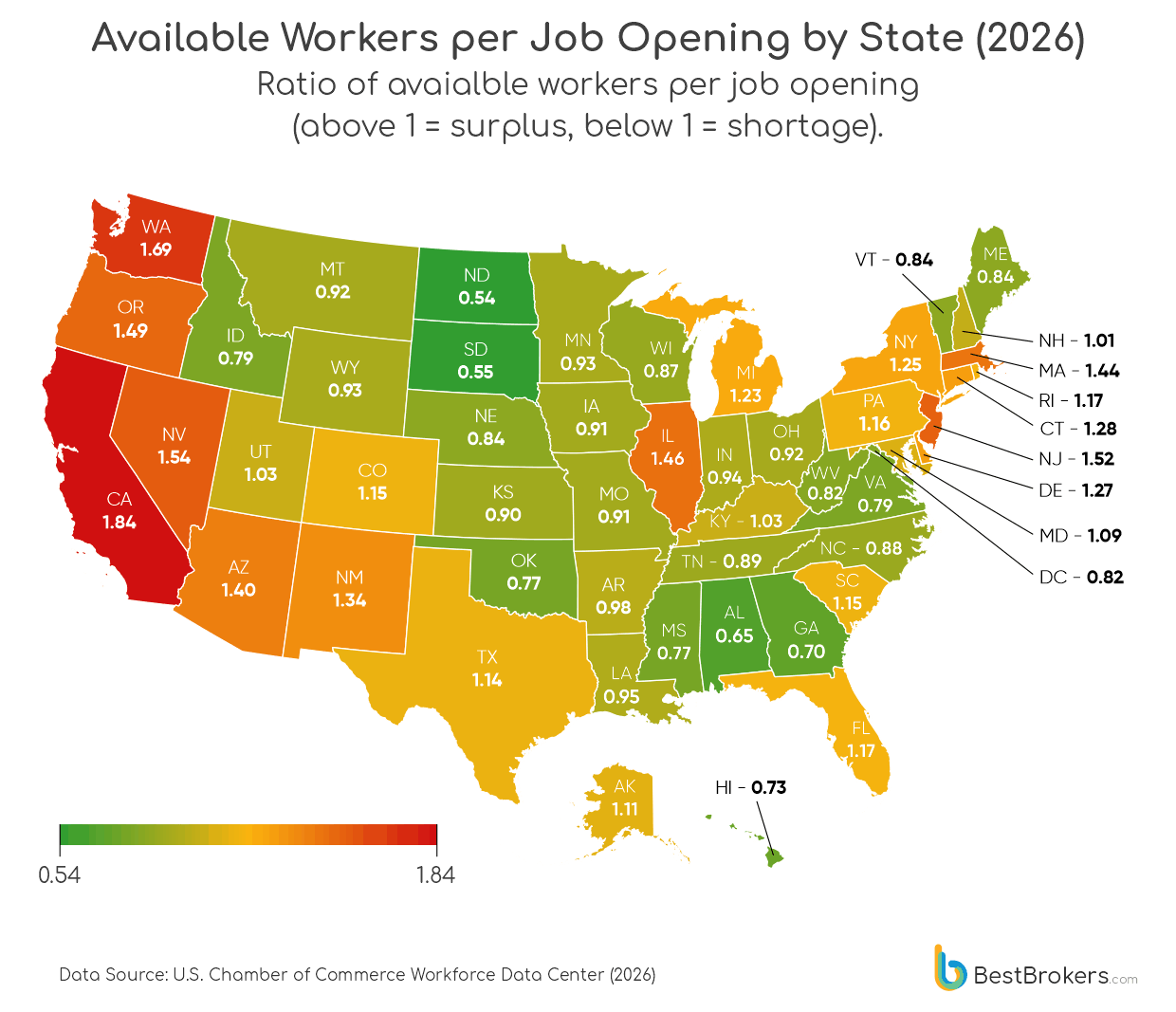 Available Workers per job opening by state 2026 - map