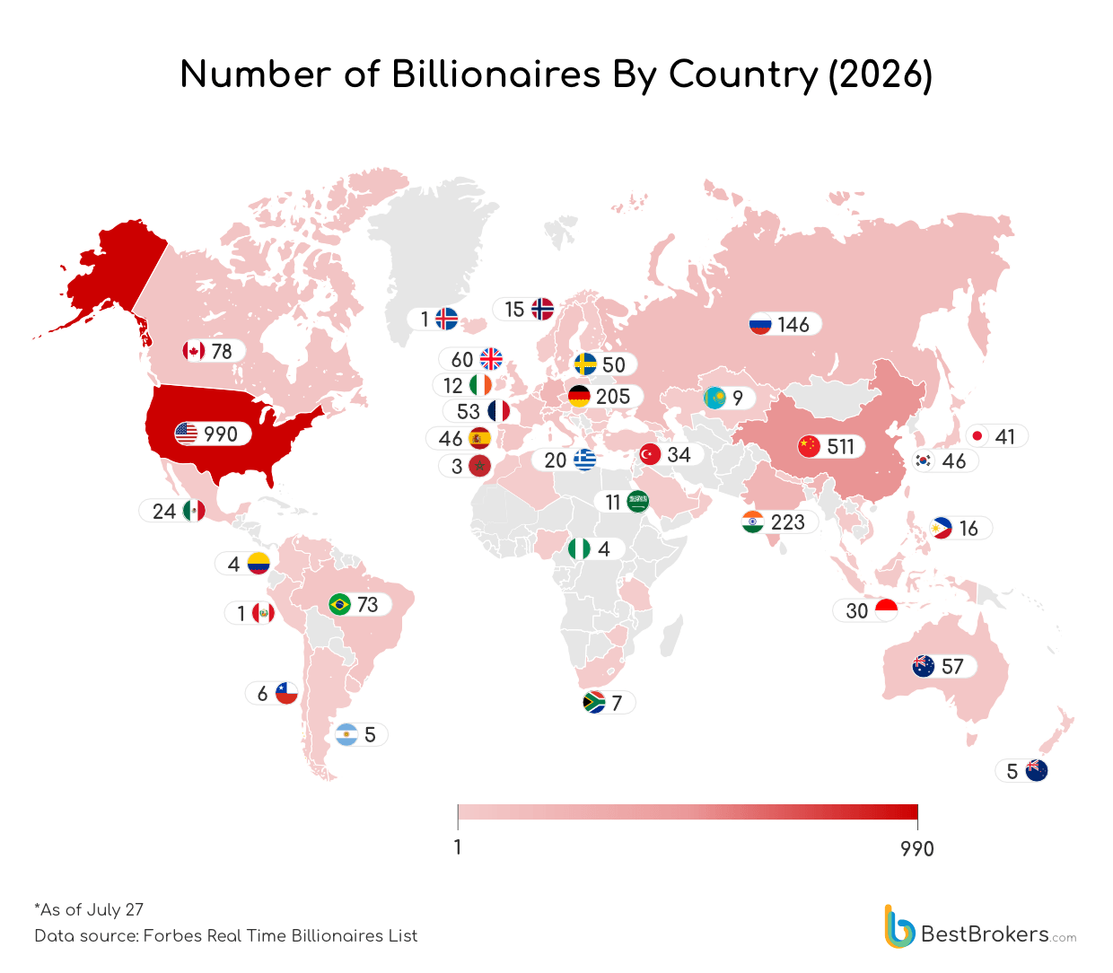 Number of billionaires by country - 2026 map