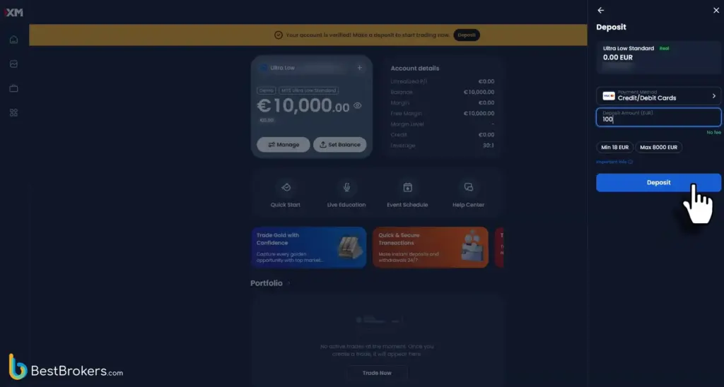 Einzahlung von 100 € per Debitkarte