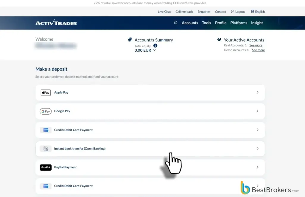 Einzahlung von 100 € per Debitkarte bei ActivTrades