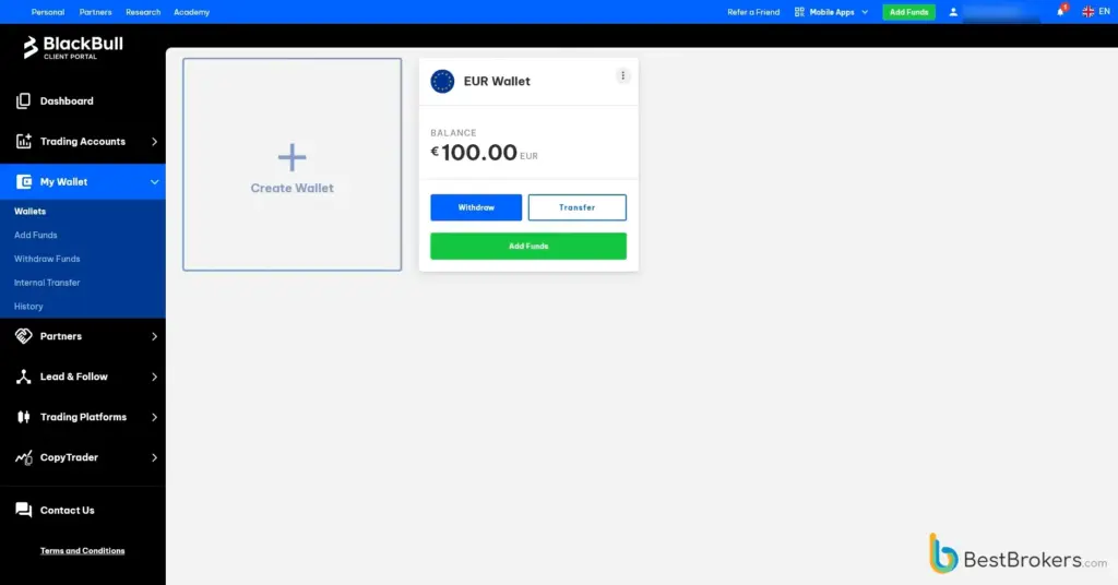 Storting van €100 met echt geld bij BlackBull Markets