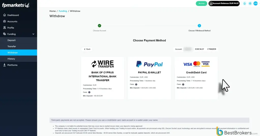 FP Markets withdrawal test