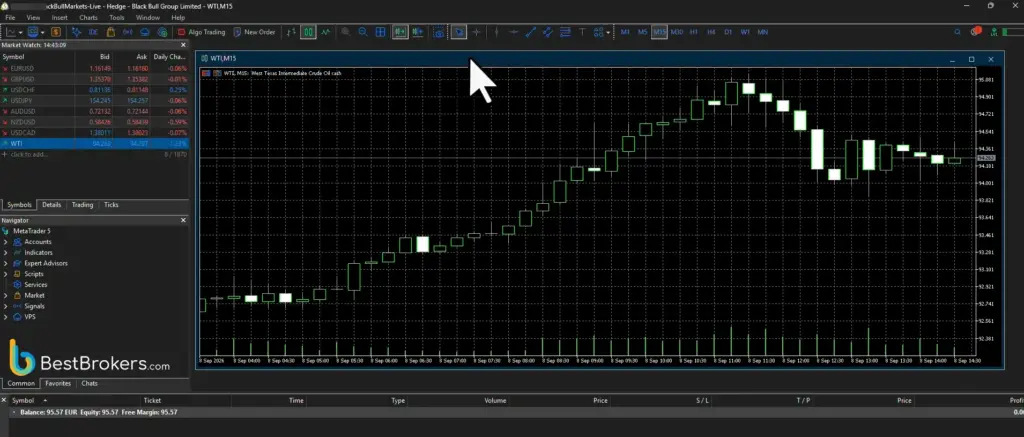 Live-transactie in WTI-ruwe olie via MT5 bij BlackBull Markets