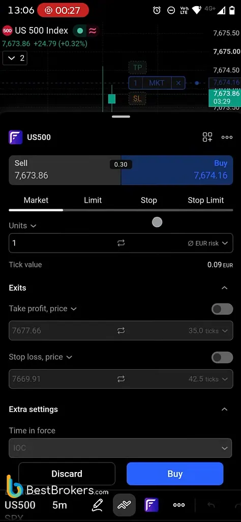 Voorbeeld van een mobiele order in TradingView bij Fusion Markets