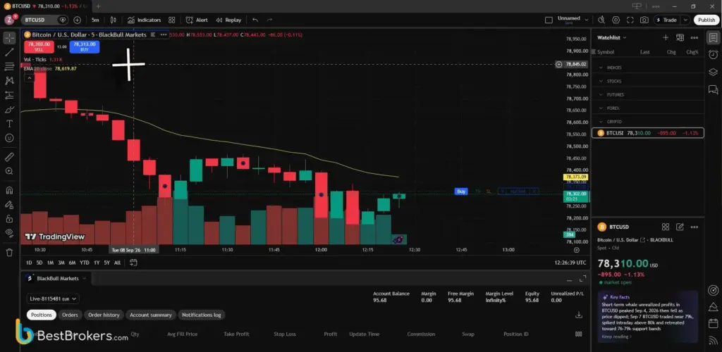 Live-transactie in BTCUSD via TradingView bij BlackBull Markets