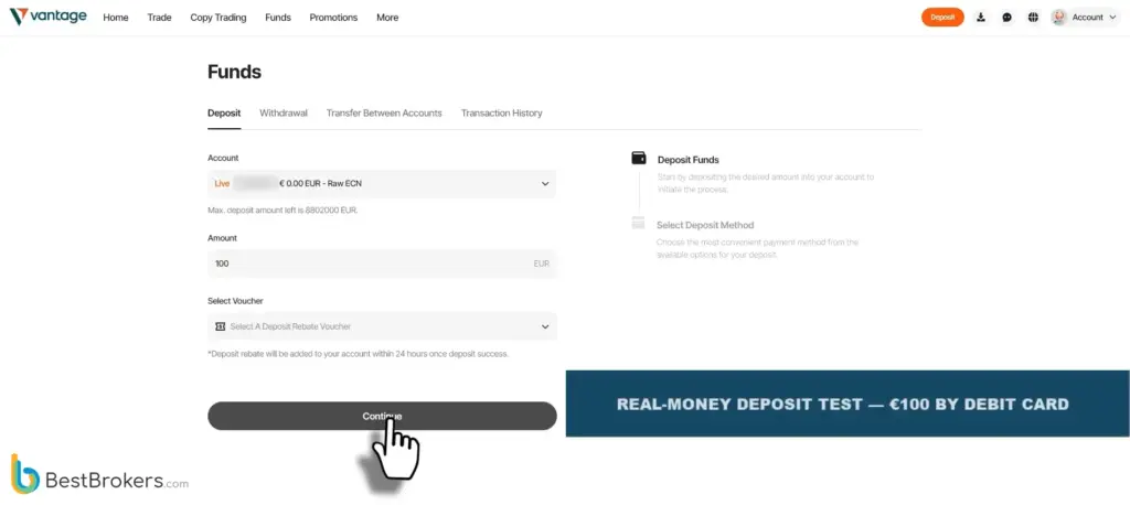 Deposito di 100 € con carta su Vantage Markets