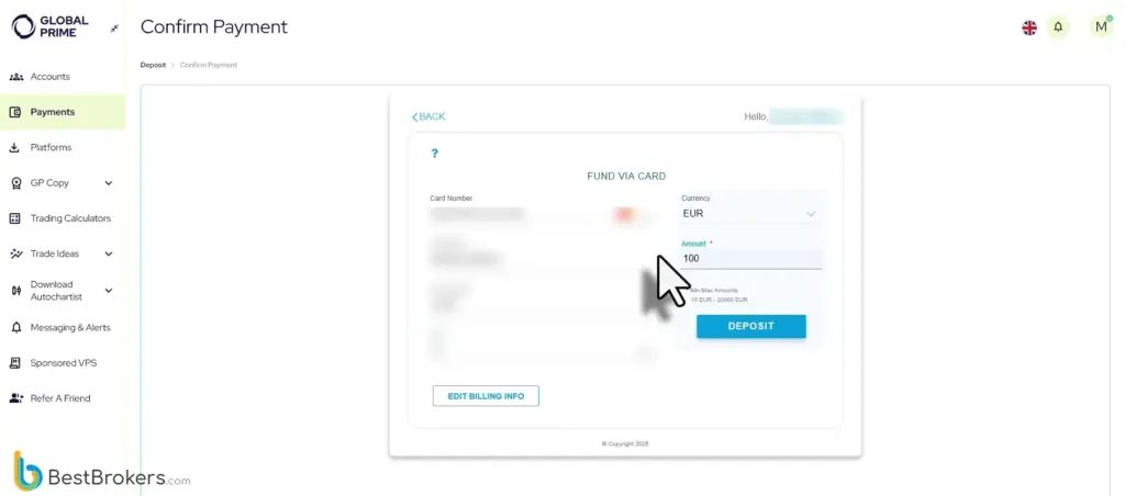 Dépôt réel de 100 € chez Global Prime
